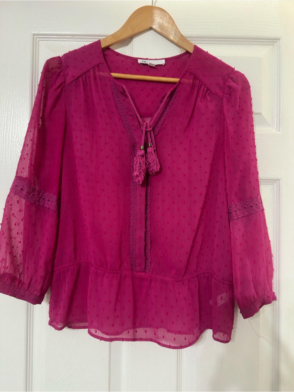 Women's Fuchsia Peasant Blouse with Tassel Tie